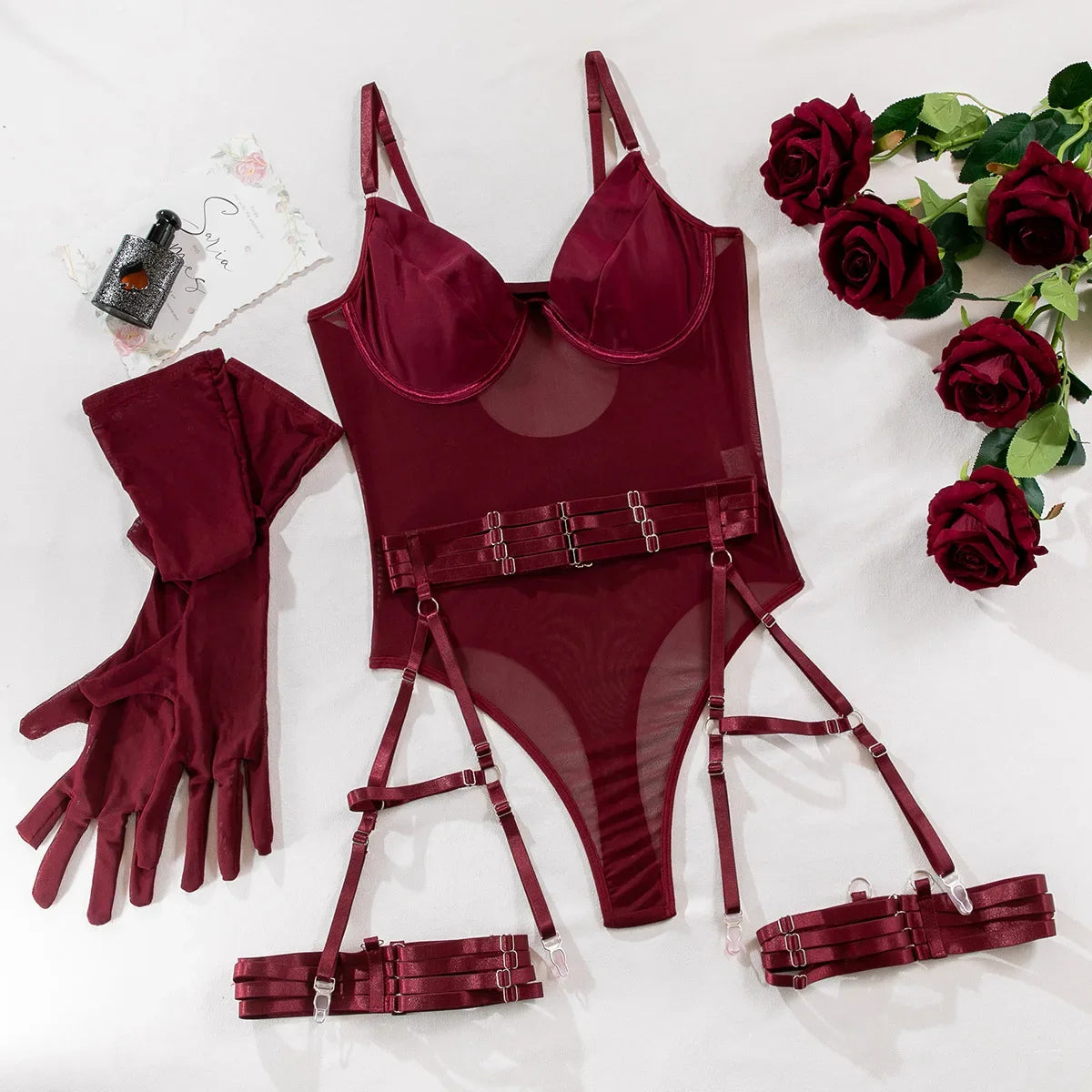 Sexy Sensual Lingerie Sets for Women See Through Mesh Lace Tight Bodysuit with Gloves Garter Exquisite Underwear Erotic Costumes