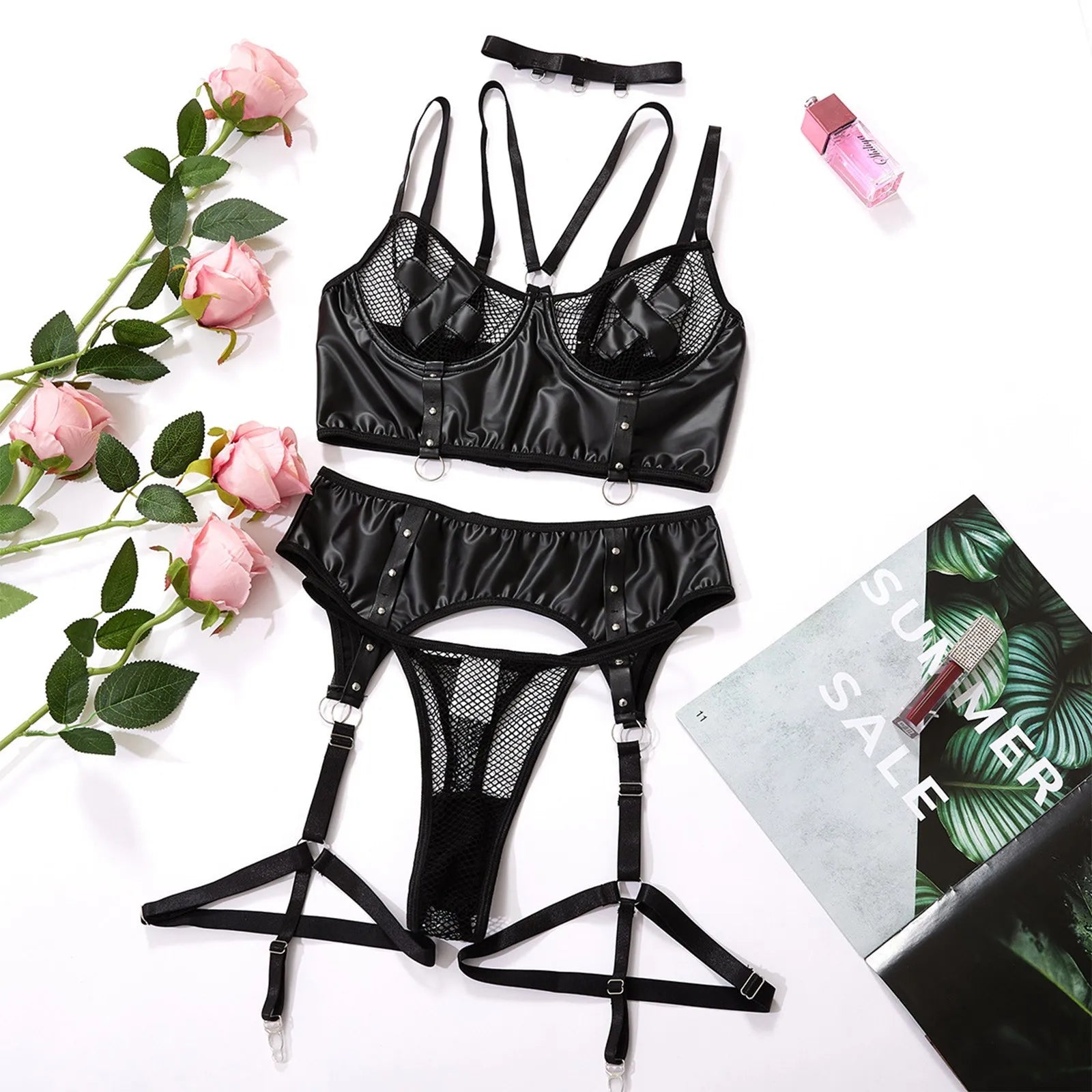 Sexy Leather Lingerie Set Women Bras Short Tops Panties Suit with Garter Belt Catsuit Clubwear Fishnet See Through Bra Thong