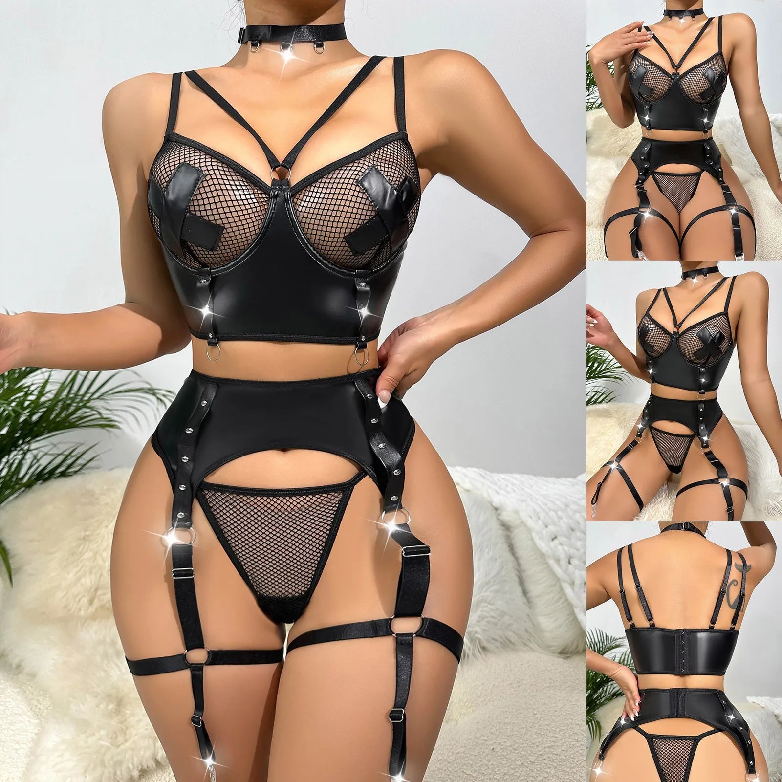 Sexy Leather Lingerie Set Women Bras Short Tops Panties Suit with Garter Belt Catsuit Clubwear Fishnet See Through Bra Thong