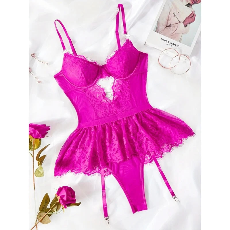 Hot Erotic Lingerie Sets See-Through Lace Underwear Sissy Bra Transparent Bilizna Sexy Costumes Garter Porn Sex Outfit
