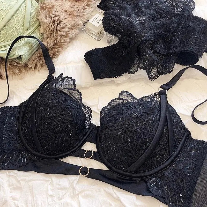 Sexy Lace Lingerie Set with Large Chest Gathered, Anti Sagging, And Adjustable Breasts, Comfortable Soft Steel Ring Bra Set