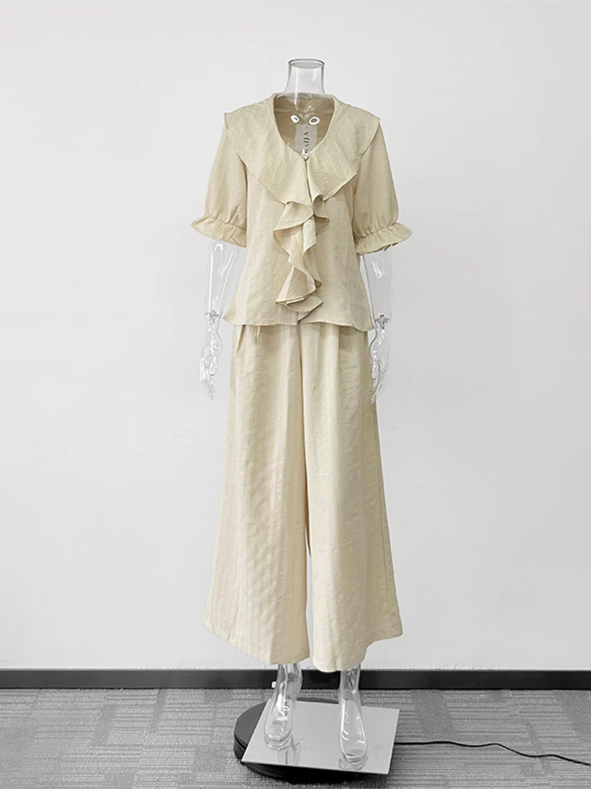 Women Linen Pajama 2 Piece Set Short Sleeve Front Ruffle Shirt PJs Pants Lounge Cute Sleepwear Casual Homewear Set