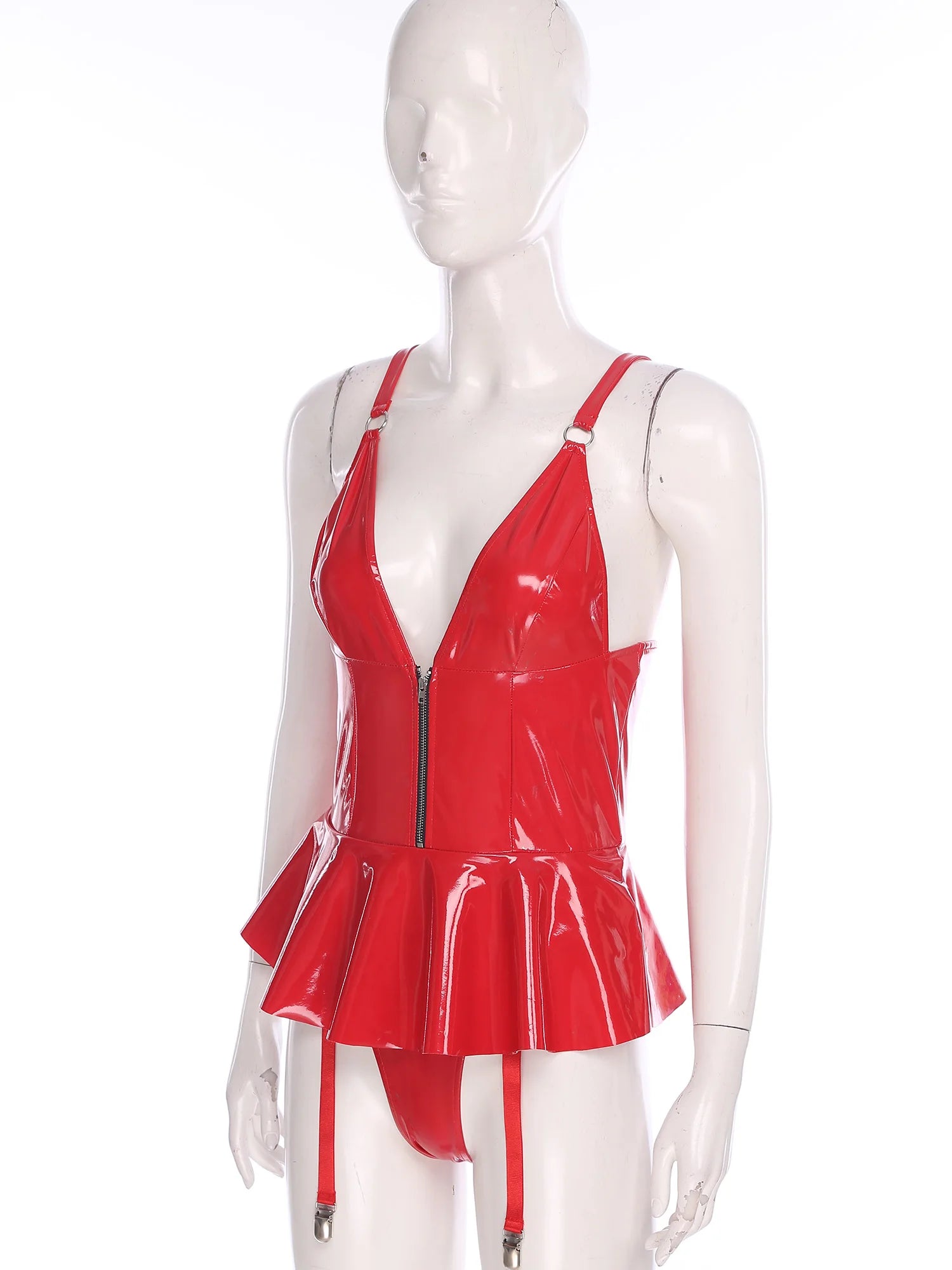 Womens Lingerie Latex Mini Dress Built-in Briefs Garters V Neck Front Zip Back Lace-up Bodysuit Glossy Sling Wetlook Clubwear