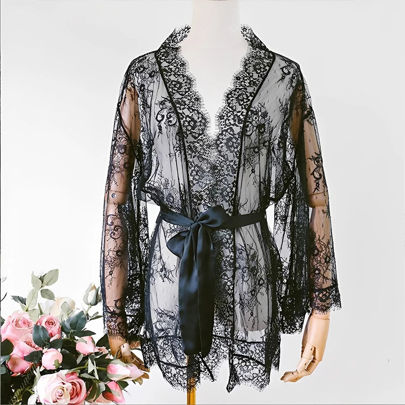 Lace Sleepwear Dress Robe Kimono Women Sexy Lingerie Transparent V-Neck Nightwear Babydoll Erotic Robe G-string Costume