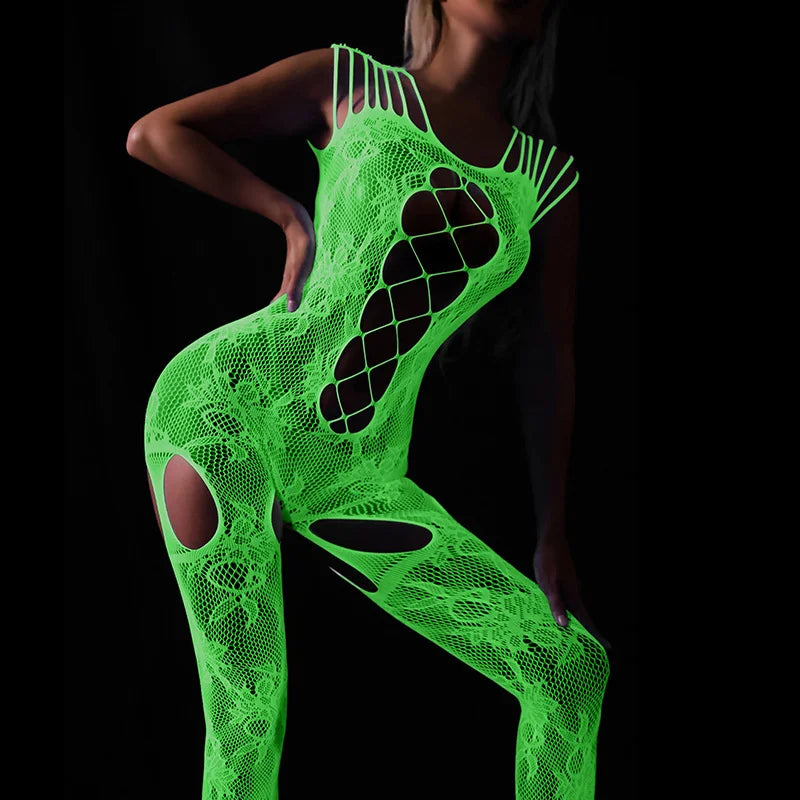 Sexy Hollow Out Luminous Bodysuit Sexy Lingerie See Through One-piece Luminous Suspenders Mesh Clothes Fishnet Socks Dress