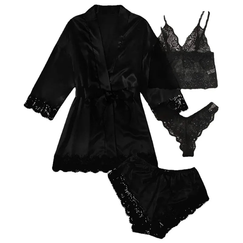 Spring and Autumn Women's Sexy High-quality Lace Camisole Pajamas Soft Comfortable Breathable and Comfortable 4-piece Set