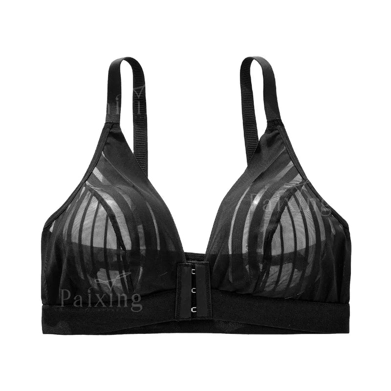 Striped lace front button side fold up lingerie plus French style sexy strapless wire free women's bra