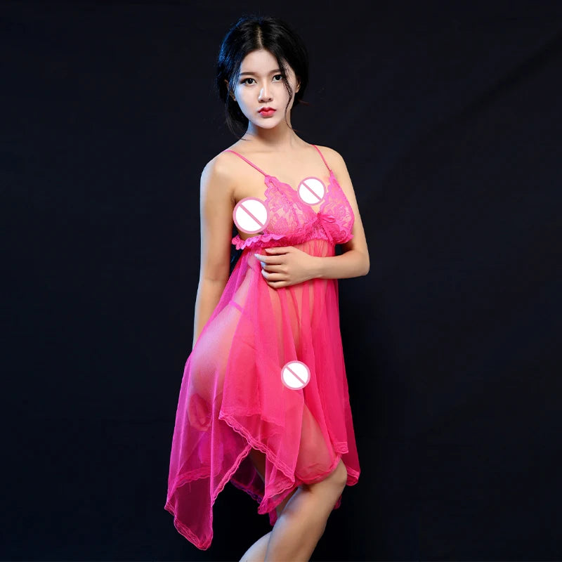 Sexy Lingerie Set Women Sexy Lace Nightgown Transparent V-neck Slip Dress
