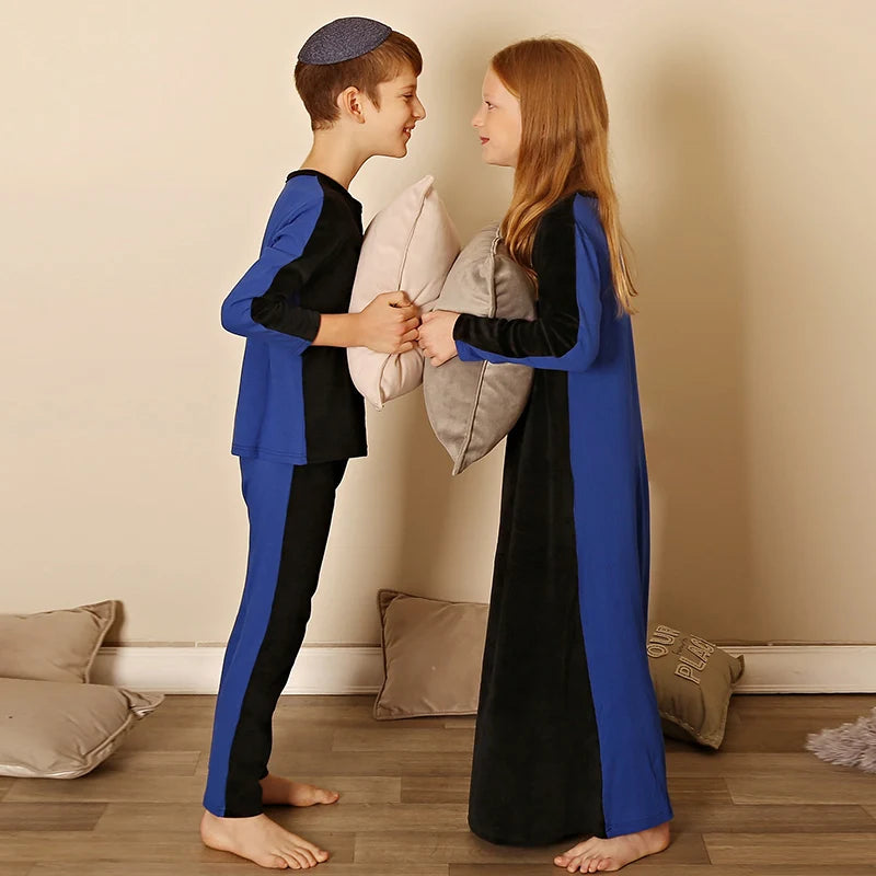 Boys pajama set blue black top and pants kids clothes for boy and girl clothing round neck winter season front velour back rib