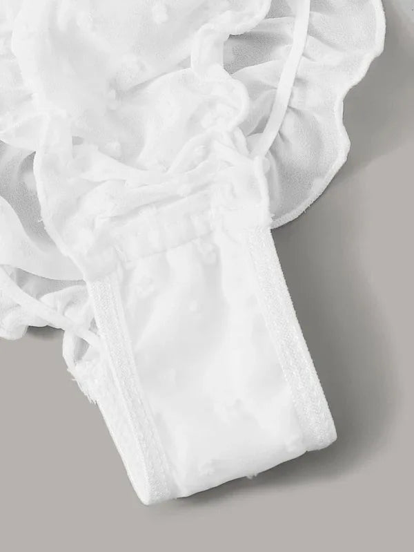 Women's Sexy Lingerie Set Mesh Lace Ruffle Cute Dot Transparent Bra and Panty Wireless Thong Bandage Exotic Sets