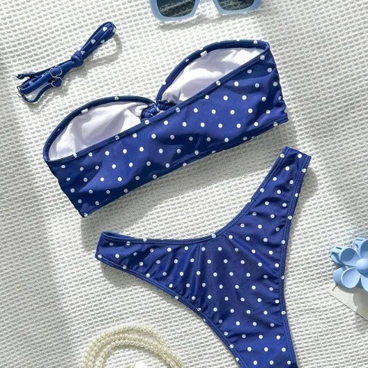 2026 Bikini Woman 2025 Swimsuit Women Printed Bikinis Black Bandeau Top Thong Bottom Swimwear Polka Dot Two Piece High Cut