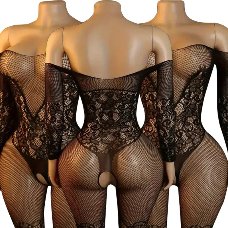 Sexy Crotchless Lingerie Full Sleeve Bodystockings Mesh Transparent Babydolls Underwear Erotic Fishnet Hollow Baby Dolls Dresses