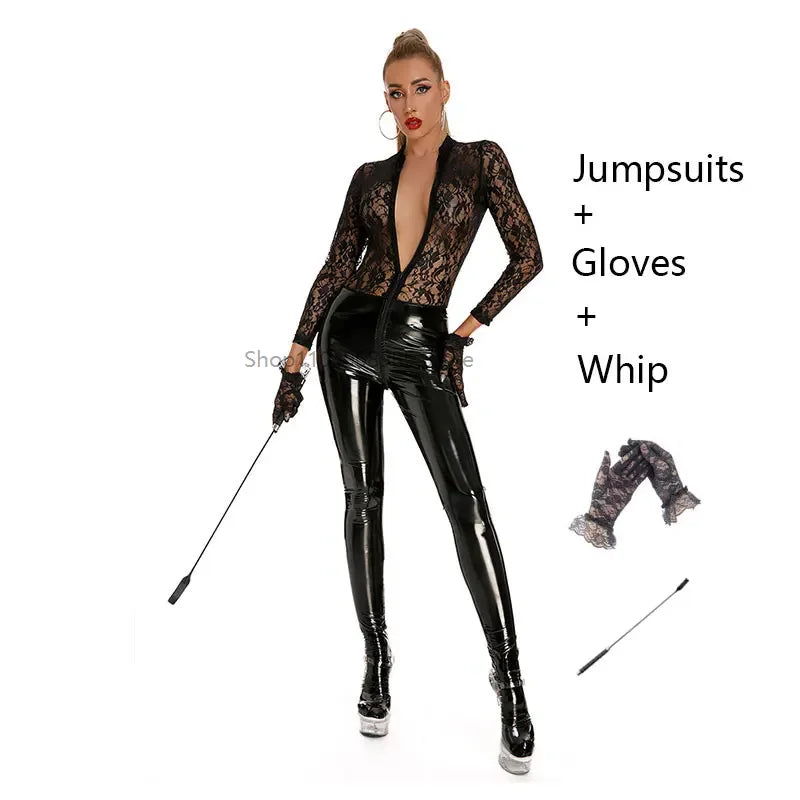 Sexy See-Through Lace Pu Bodysuit Ladies Leather Latex Catsuit Lace Splice Lingerie Underwear Jumpsuit Erotic Skinny Bodysuit
