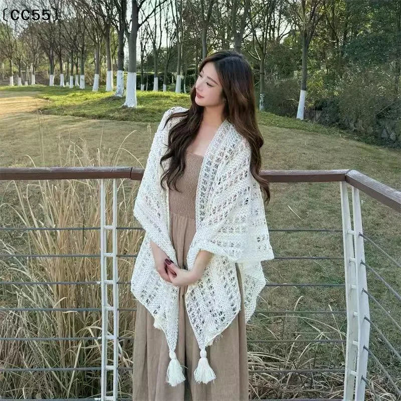Summer Mesh Lace Women Cover-Up With Tassels Elegant Beach Open-Front Sun Protection Shawl〔CC55〕