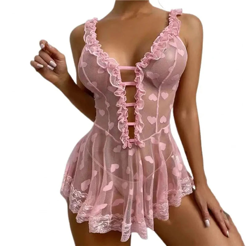 Romantic Lace Sexy Lingerie Babydoll Nightgown for Women with Ruffles Hollow Open Bra Design Love Sex Theme Seductive Erotic Cos