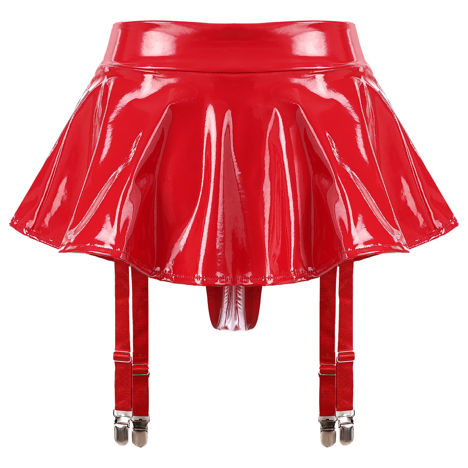 Lingerie Sexy Set Women Wetlook Patent Leather Wire-free Open Cup Sexy Bra with Ruffle Built-in Thongs Garter Belt Mini Skirts
