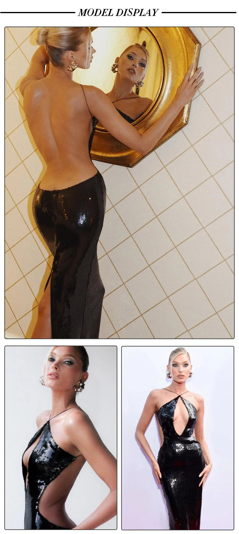 Sexy Sequin Halter Black Long Dress with Deep Plunge Cut-out – Summer New Backless Club Nights DJ Party Birthday Evening Dresses