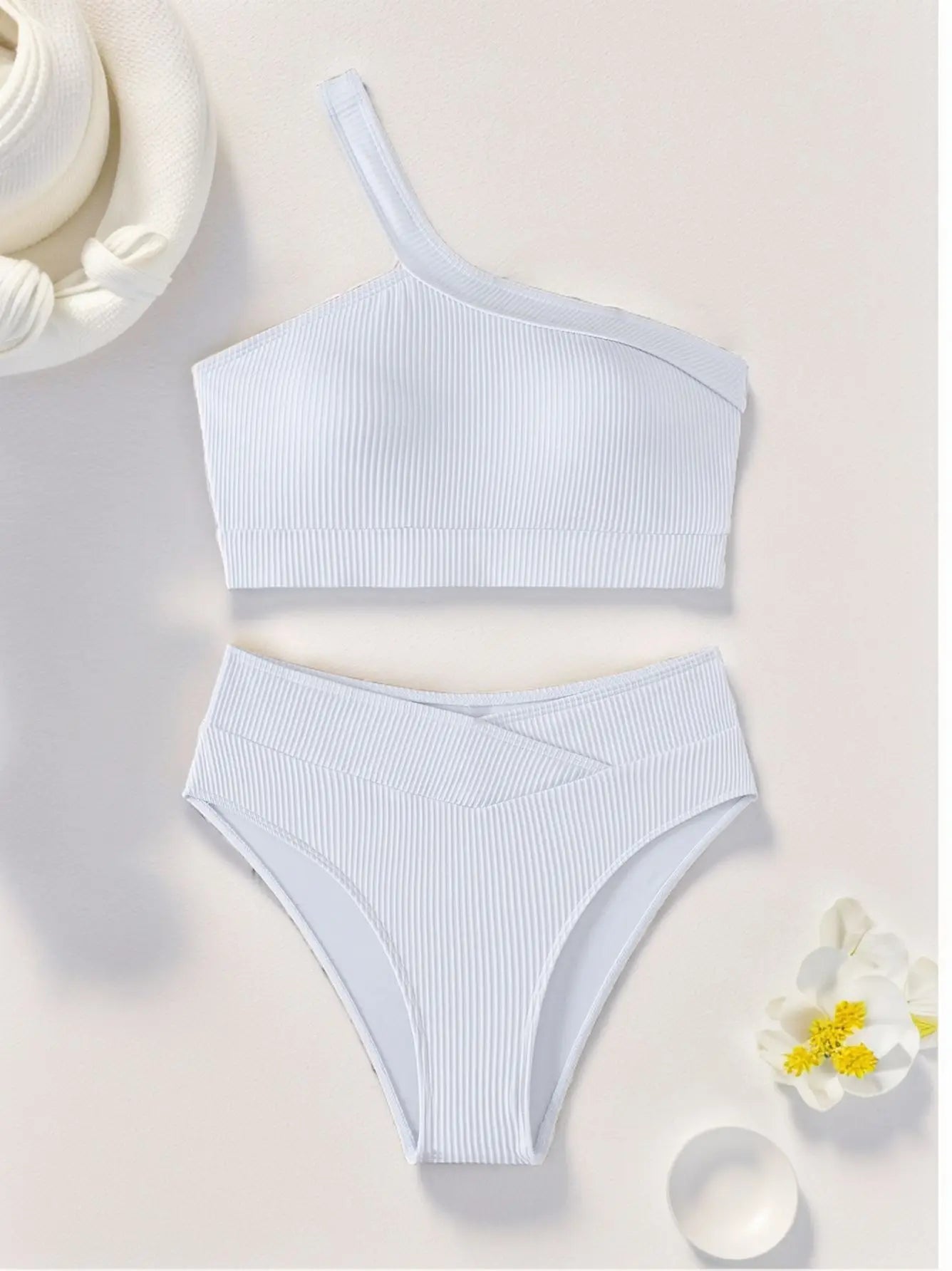 Ribbed Knit One Shoulder Bikini Asymmetrical Strap Crop Top V‑Shaped High Waisted Bottom Two‑Piece Swimsuit Women Tummy Control