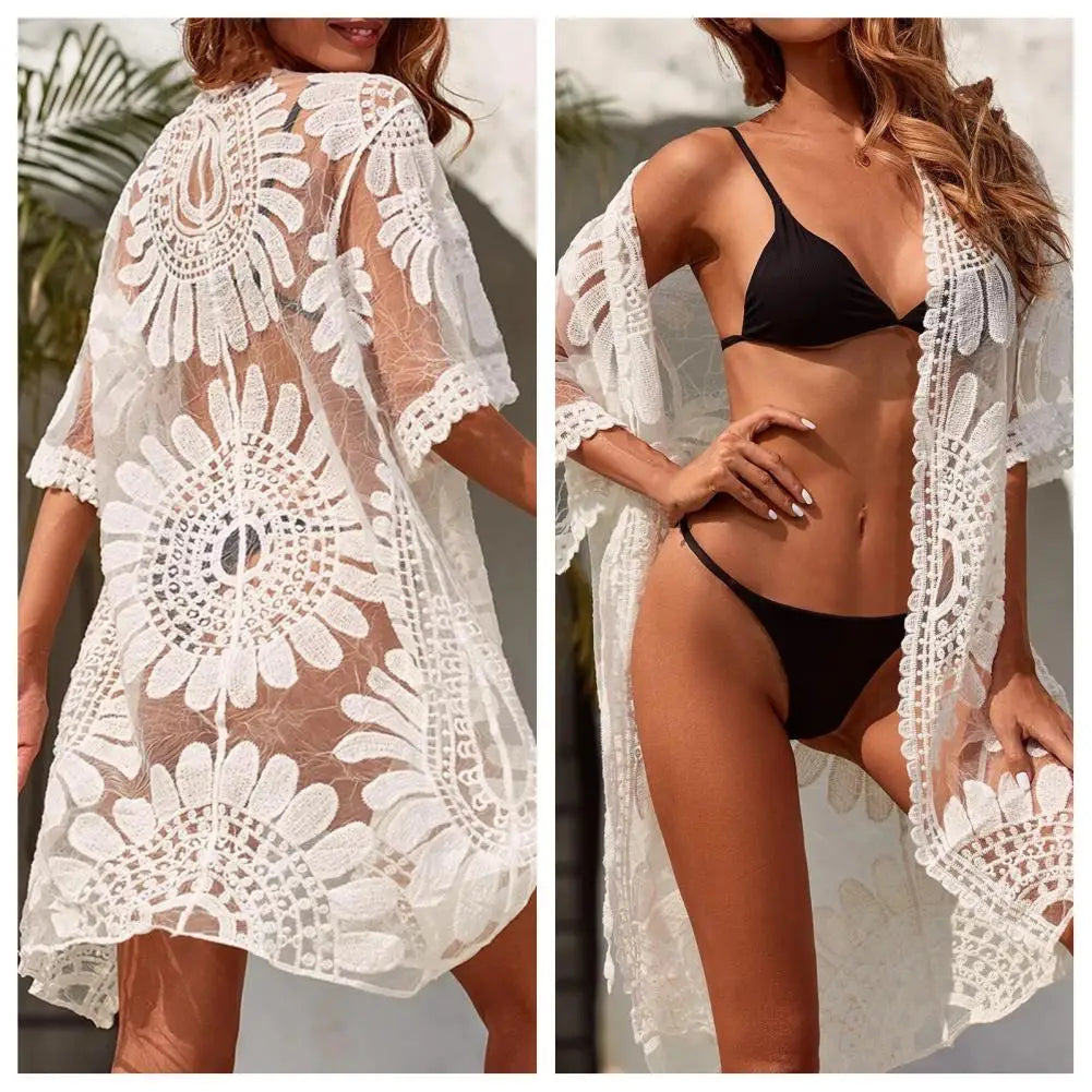 Flower Lace Cover-ups Beachwear White Cardigan Beach Cover Ups for Swimwear Women Bath Exits Outfits Solid Knitted Wear Coverup