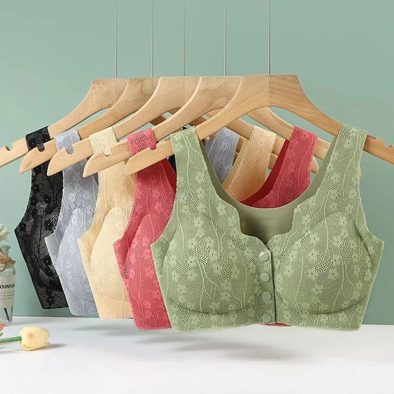 Mom's underwear, middle-aged and elderly women's bras, seamless front open button vest style, oversized summer thin new bra