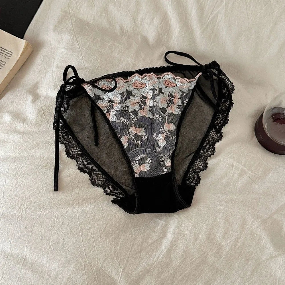 Lingerie Low Waist Embroidery Flower Panties Transparent Sweet Underwear for Women Cotton Crotch Lace-up Underwear Girl