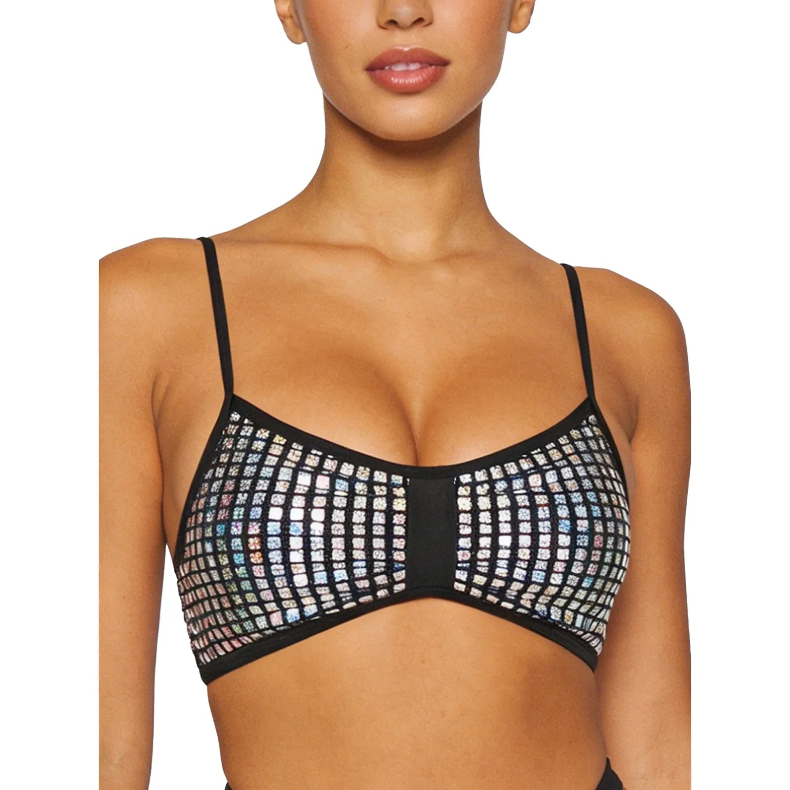 Womens Bikini Swimsuit Tops Glittery Sequin Bra Camisole Tops Adjustable Shoulder Straps Removable Chest Pads Crop Vest Tank Top