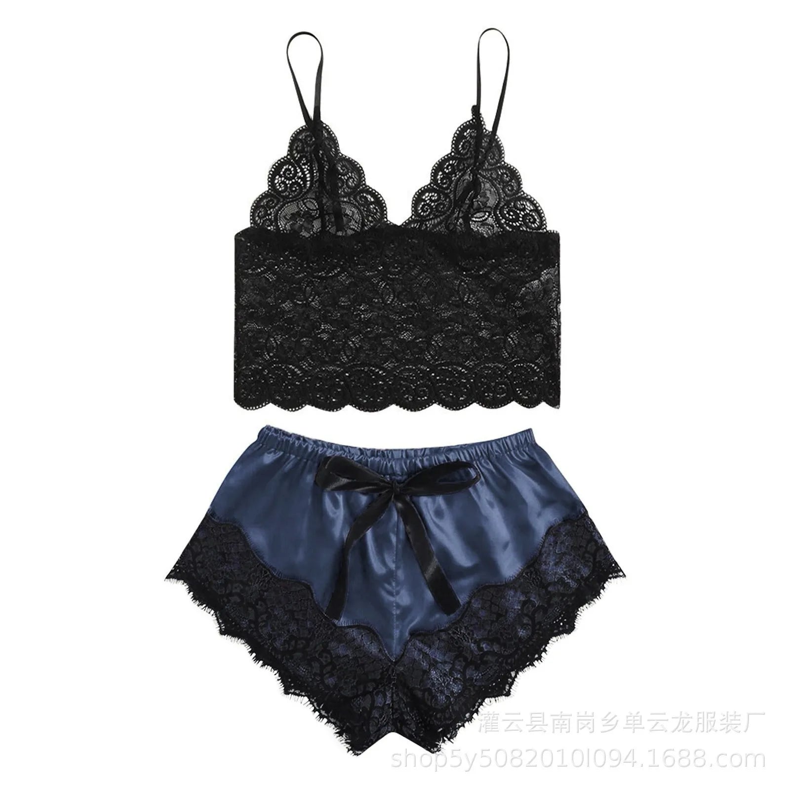 Mengya Women Lace Satin Two Piece Lingerie Set Spaghetti Strap Camisole Silky Lace Trim Shorts Nightwear European American Style