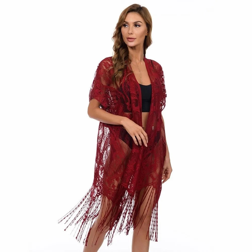 Fashion Lace Mesh Sunscreen Beach Cover Up Floral Tassel Bohemian Shawl Plus Size Transparent Swimsuit Cover Up Women