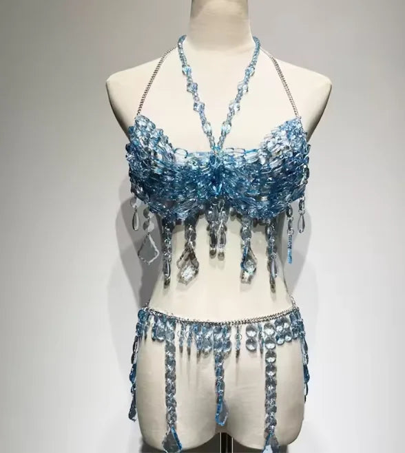 Blue Beaded Bikini Rave Body Party Bridal Wedding Accessories Fringe Chain Mermaid Bra Top Beachwear Lingerie Harness Bralette