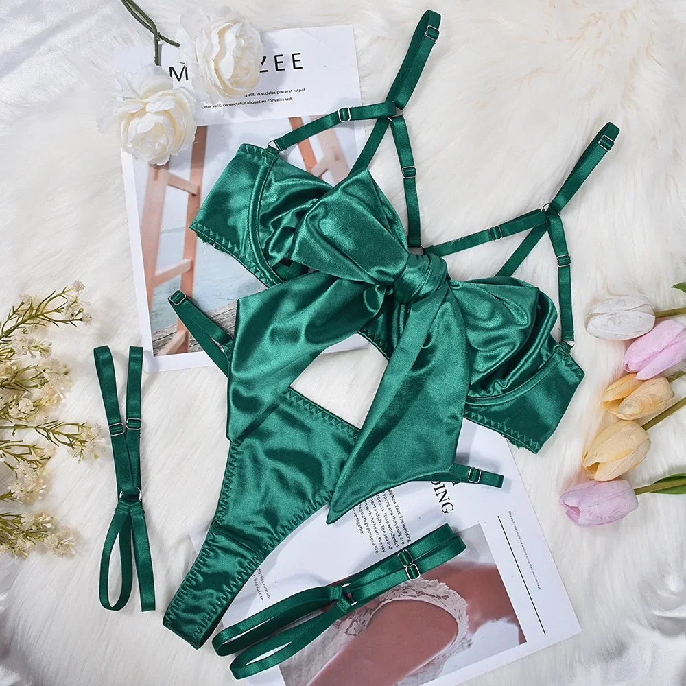 Hot Sexy Lingerie Women's Erotic Lace Satin Sexy Bodysuit Women's Bow Sleepwear Sexy Bra Panties Set Babydoll Exotic Pajamas