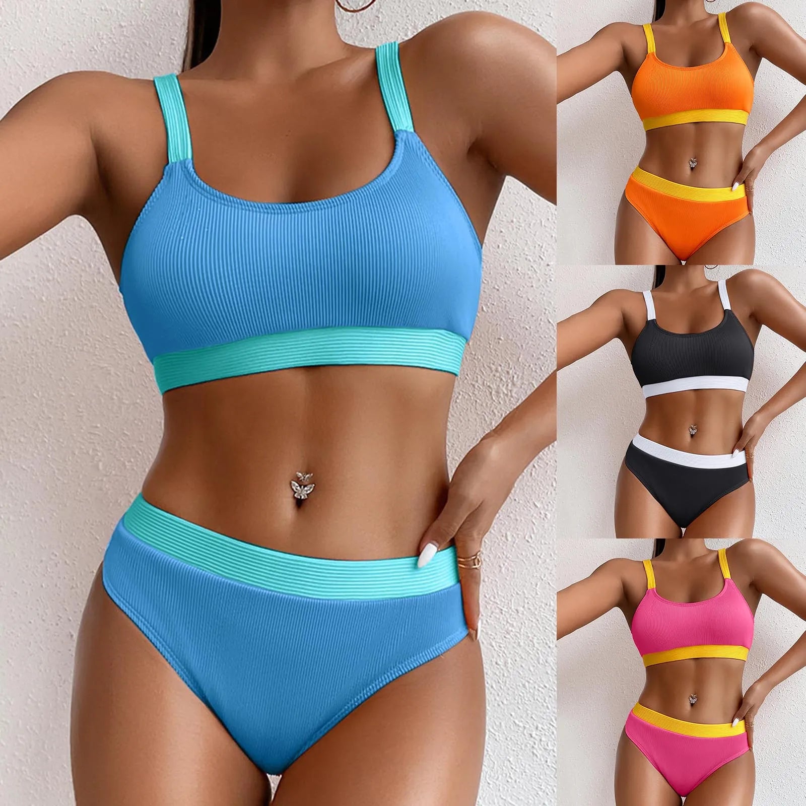Color Block Swimsuits for Women Crew Neck Ribbed Stripe Bikini Bra High Waist Traceless Breath Comfty Fashion Bikinis Shorts