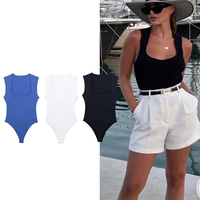HXAO Black Body Woman Sleeveless White Bodysuit Women Square Neck Summer One Piece Swimsuits Sexy Lingerie Women's Bodysuit
