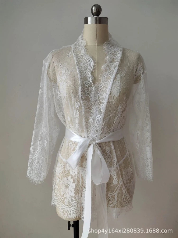 Plus Size Women Sexy Lingerie Robe  Porno Sleepwear Nightgown Lace See Through Dress Transparent Babydoll Erotic Nightwear Set