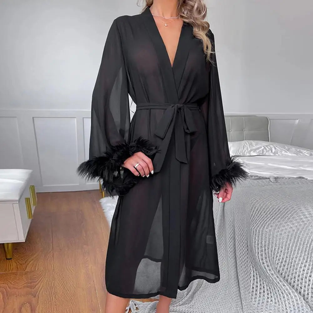 Female Sexy Lingerie Silky Satin Sleepwear Women Night Gown Robe With Bathrobe Long Sleeve Nightdress Trim Sheer Mesh Robe