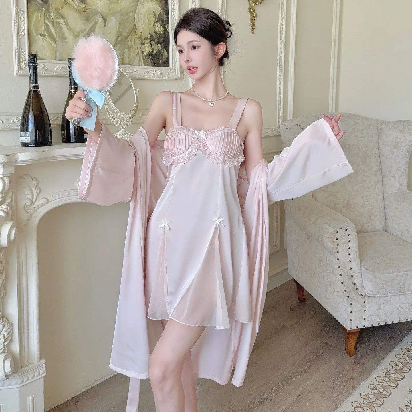 Sexy Women Robe Nightgown 2PCS Set Patchwork Lace Suspender Nightdress Lingerie Summer Sleepwear Home Dress Loungewear