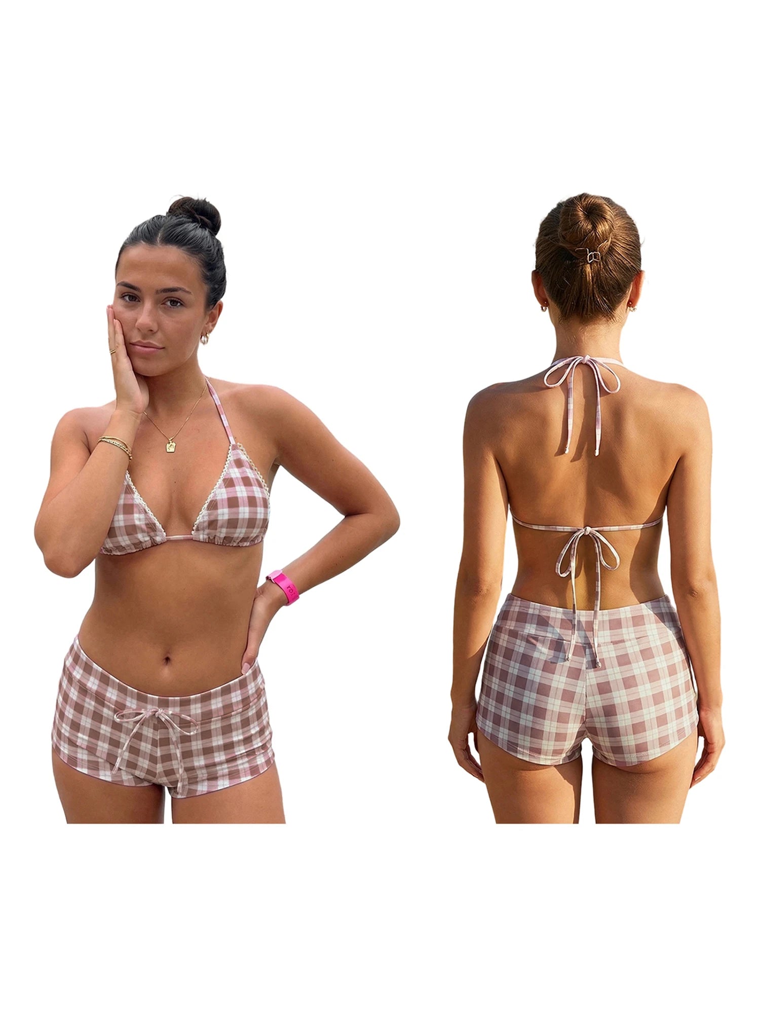 Women's Plaid Bikini Halter Neck Padded Bra Triangle Tops and Low Waist Boyshorts 2pcs Bathing Suit Summer Beach Swimwear