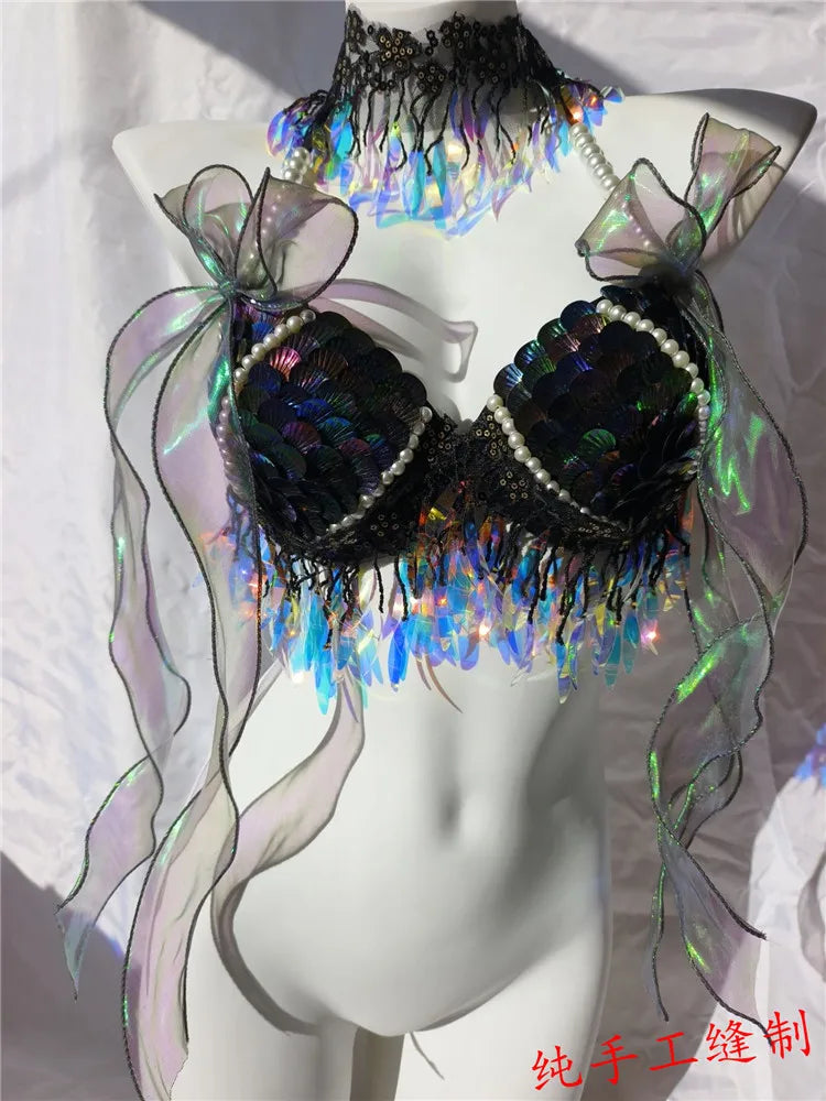 Super Beautiful Mermaid Bikini Sequin Bra Summer Swimming Free Diving Cosplay Mermaid Bra Oceanarium Bar Performance Clothing