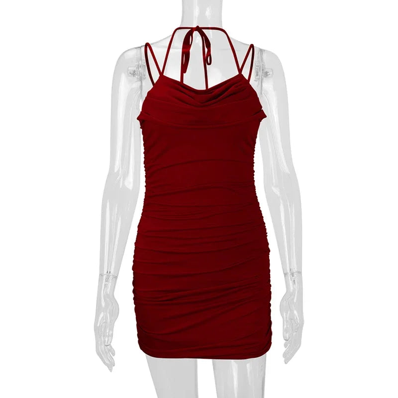 American Sexy Slip Dress Women Pleated Ruffled Neckline Slim Fashion Camisole Dress Solid Summer Vacation Party Mini Vestidos