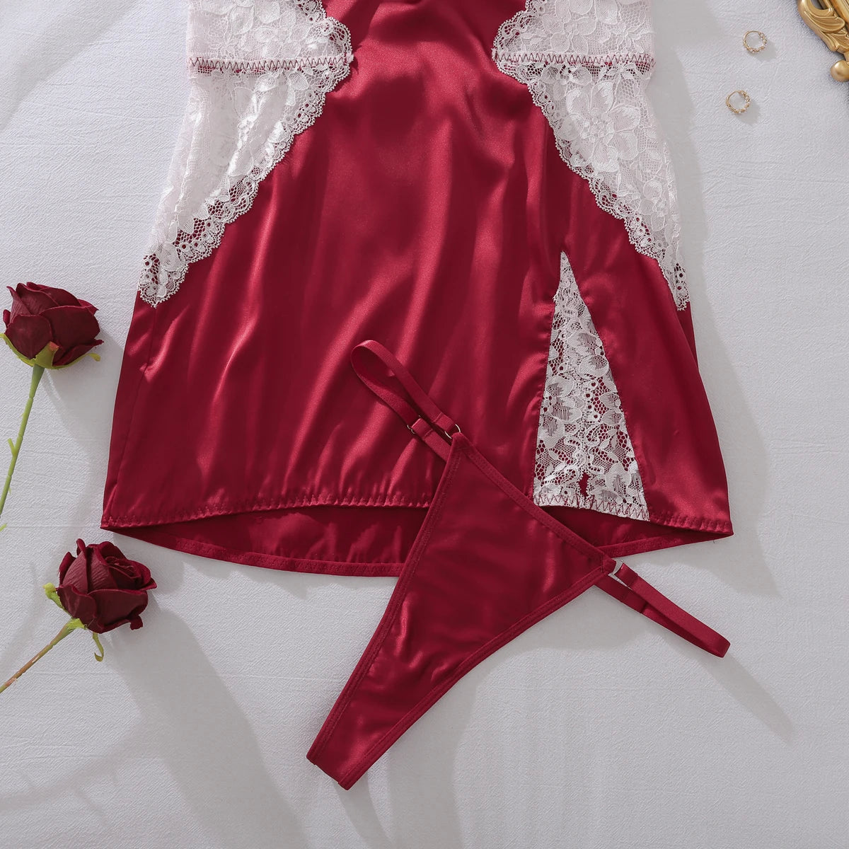 Ellolace Sexy Deep-V Neck Satin Dress Sexy Lingerie Lace Patchwork Split Sissy Night Dress Women Slip Dress Silk Nightwear