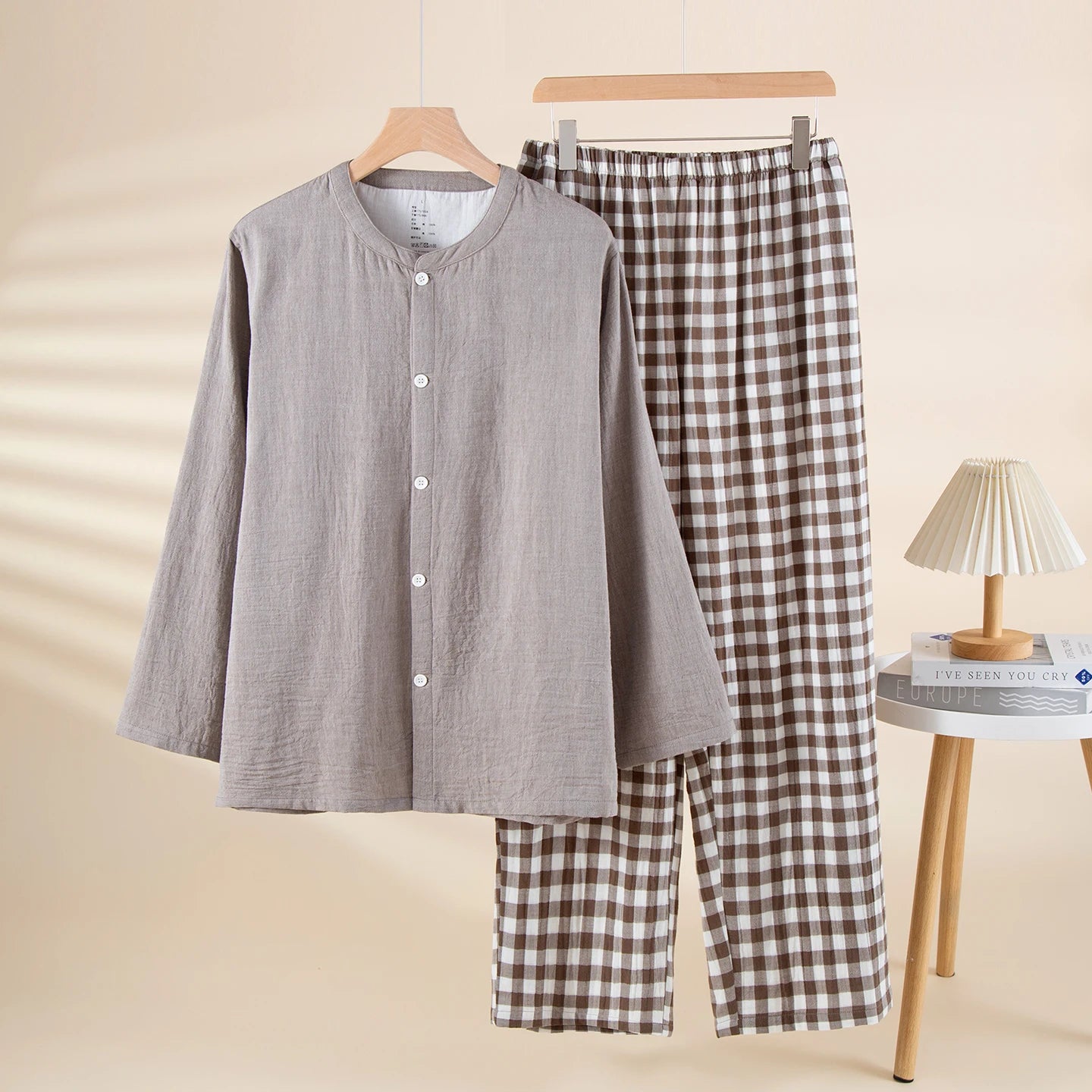 Long Sleeve Pajama Set for Men Breathable Soft Washed Cotton Sleepwear Simple Solid Top and Plaid Trousers Home Clothes 2-Piece