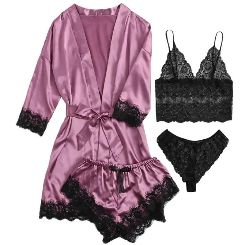 Spring and Autumn Women's Sexy High-quality Lace Camisole Pajamas Soft Comfortable Breathable and Comfortable 4-piece Set