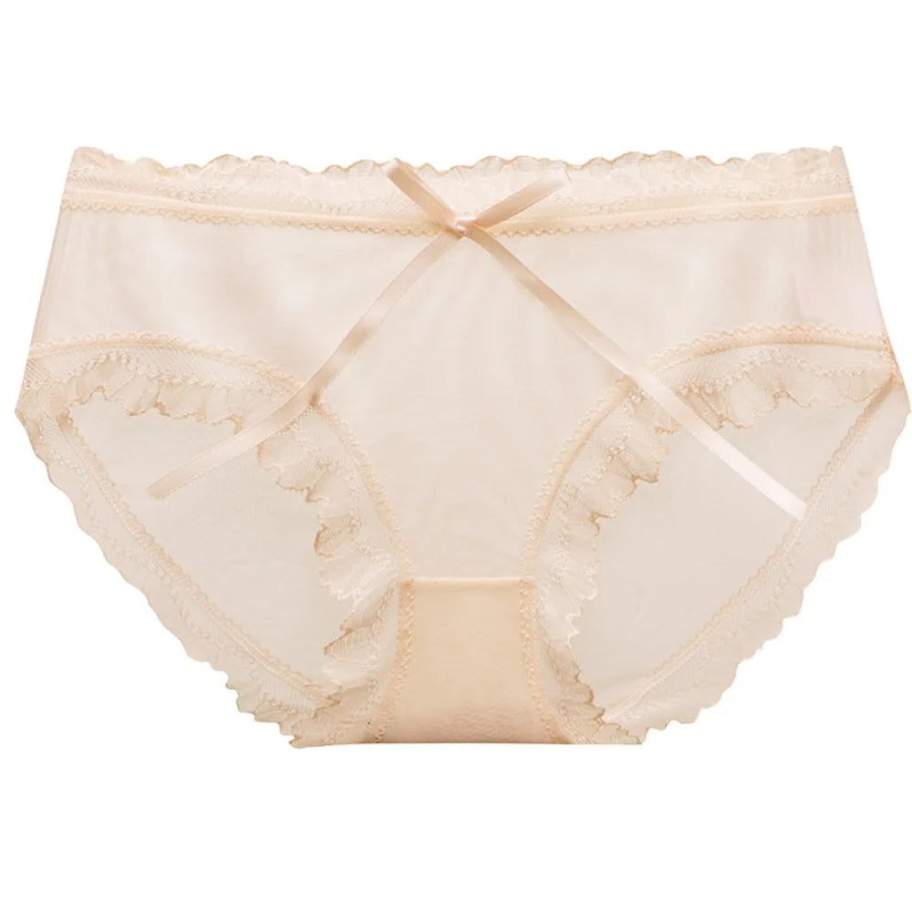 Lingerie Low Waist Lace Panties Ice Silk Cotton Crotch Mesh Briefs Bow Underwear for Women Summer