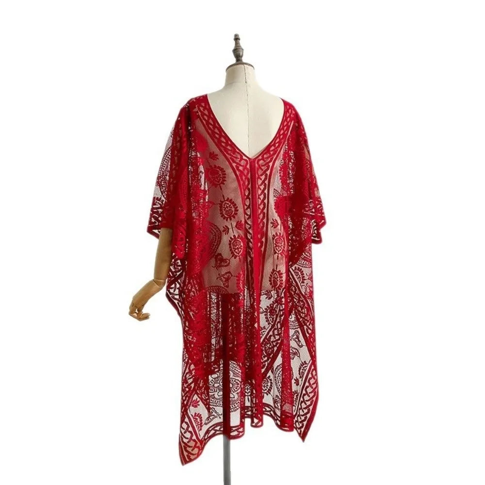 Breathable Lace Mesh Sunscreen Beach Cover Up Plus Size Casual Bohemian Shawl Transparent Floral Swimsuit Cover Up Vacation