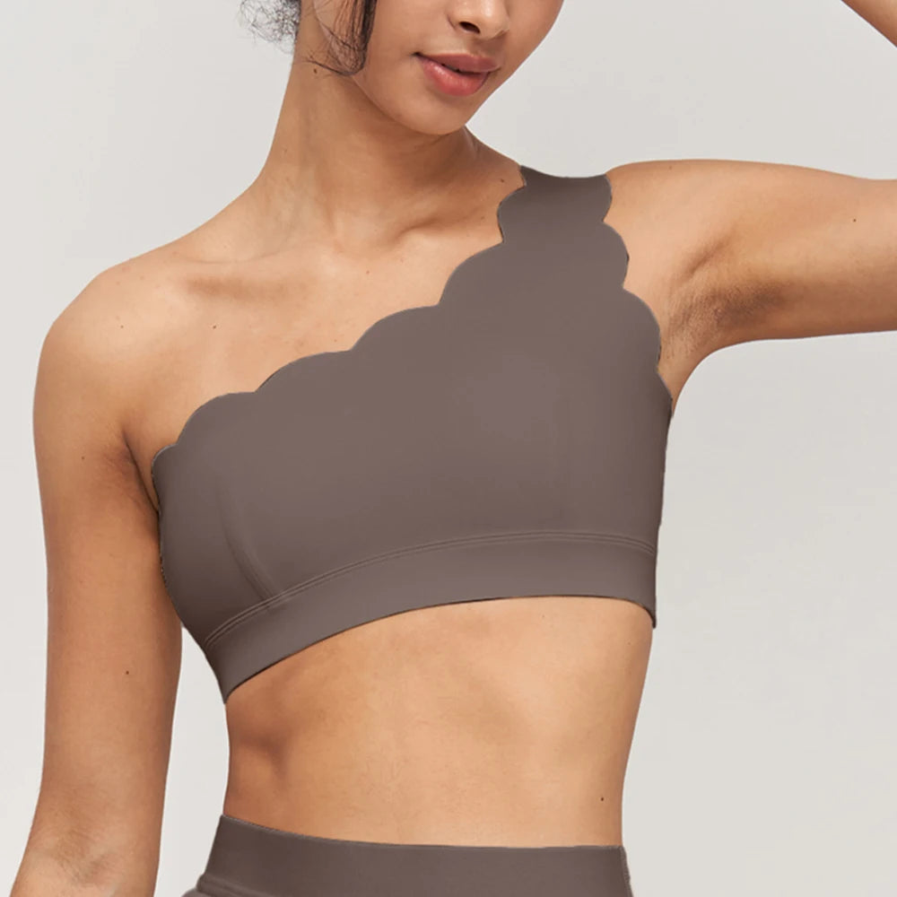 Anfilia Women Sports Bras Fashion Fitness One-Shoulder Design Scalloped Built-In Bras Quick Dry Breathable Yoga Gym Running Tops