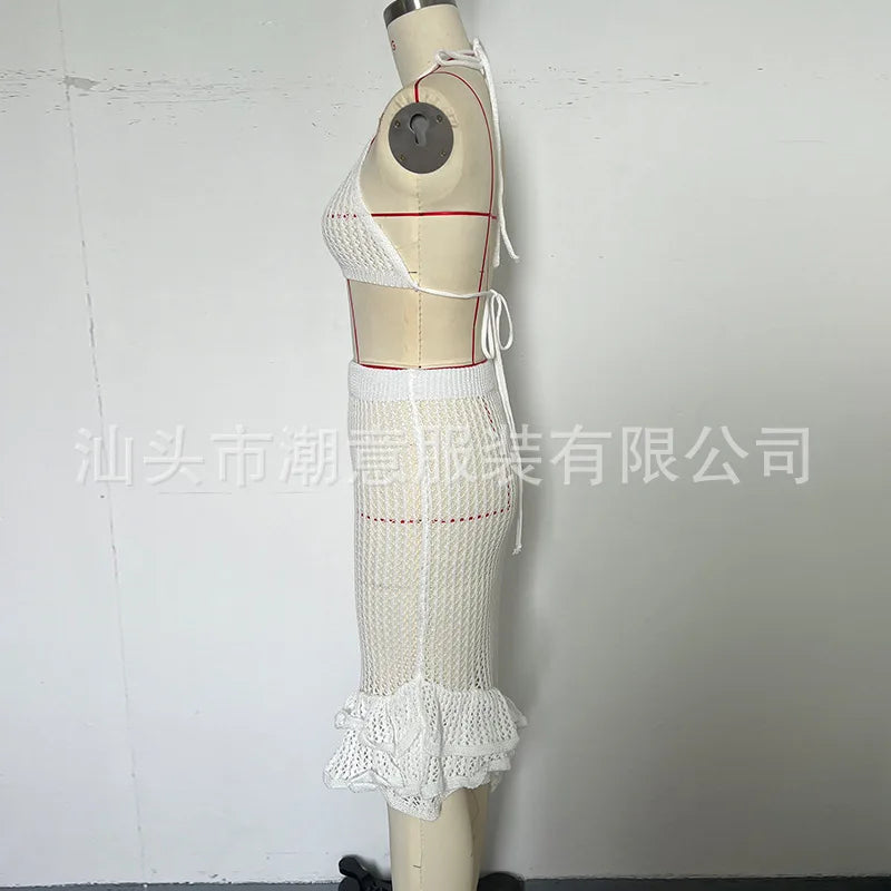 Sexy Women Bikini Two Piece Crochet Set Sleeveless Hollow Out Crop Top and Ruffled Skirt Outfit Summer Beach Knitted Cover Ups