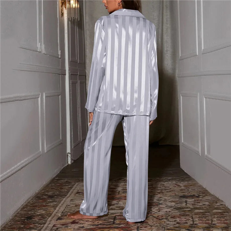 Women's striped pajama set, solid French silk satin pajamas, two piece set, comfortable home pajamas