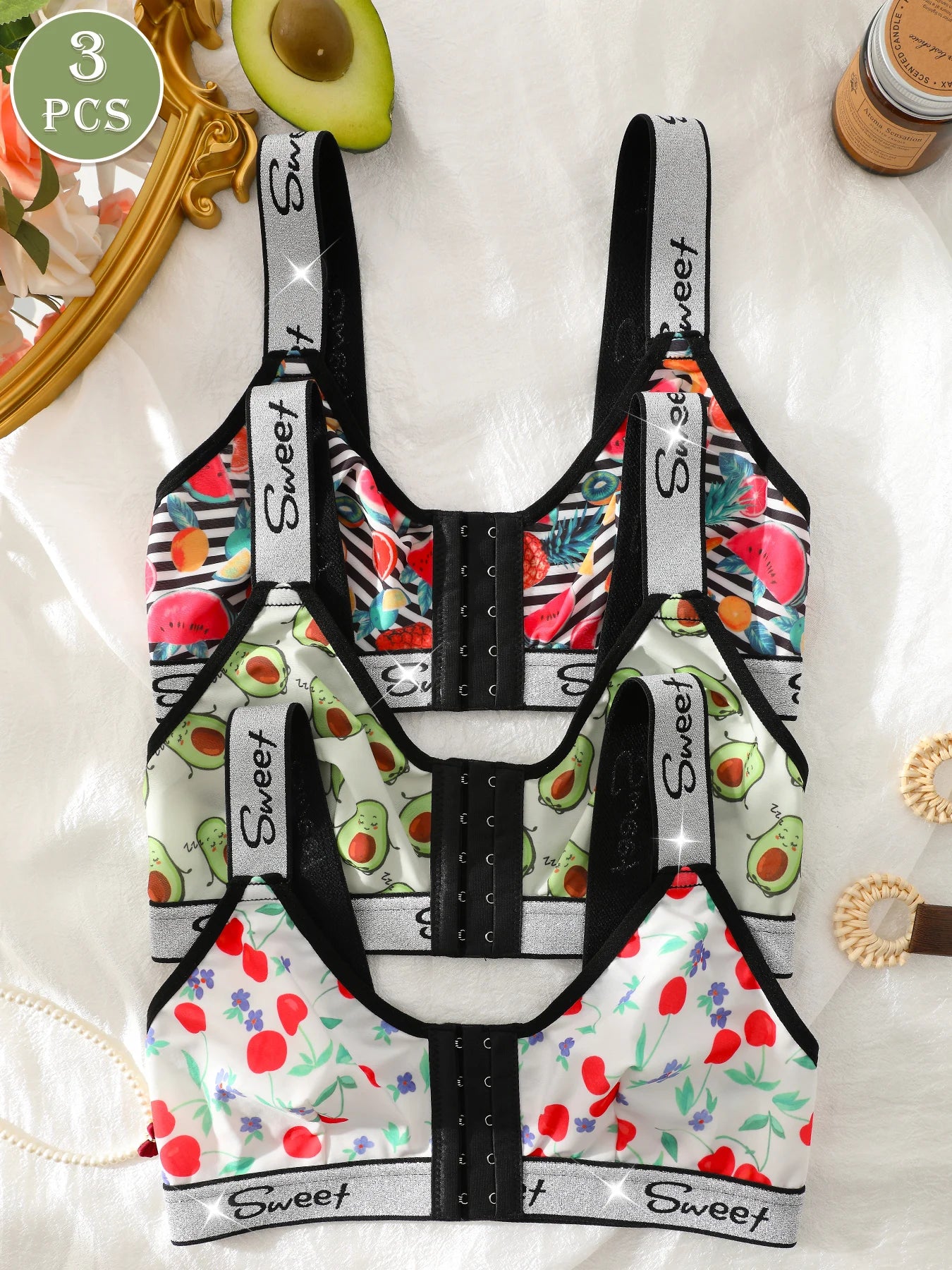 3 Pack Women's Wireless Bra, Mixed Fruit Print Front Closure Shiny Trim Comfort Bralette