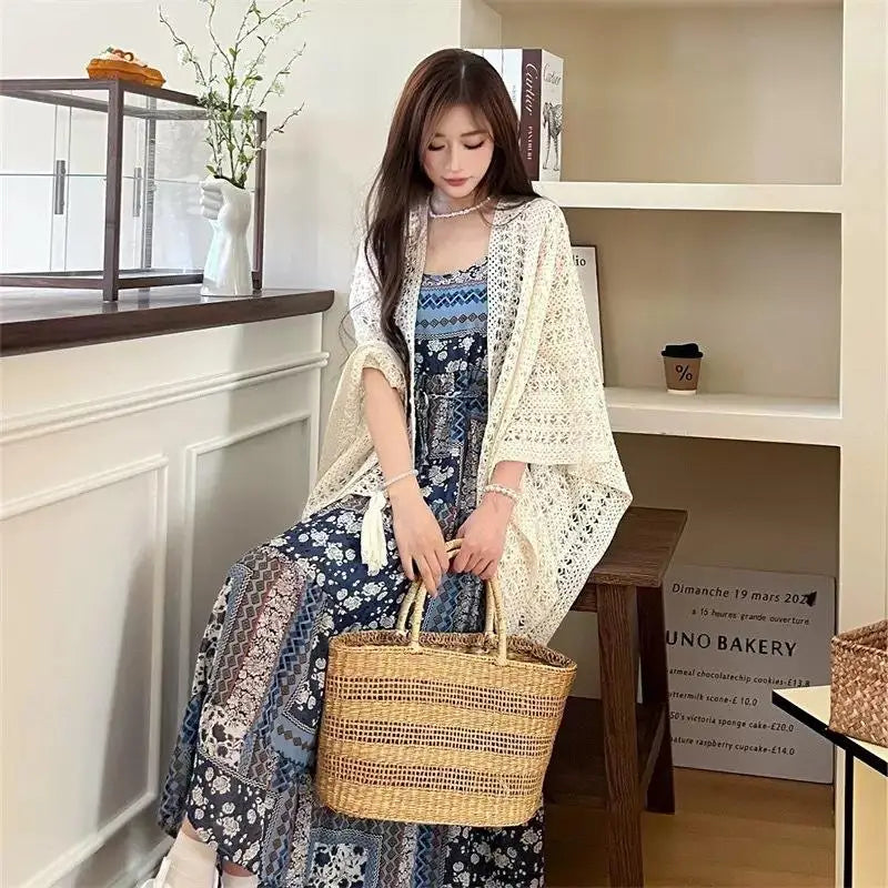 Summer Mesh Lace Women Cover-Up With Tassels Elegant Beach Open-Front Sun Protection Shawl〔CC55〕