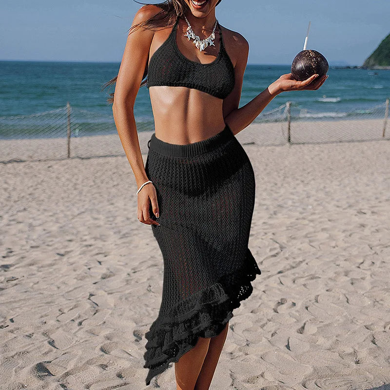 Sexy Women Bikini Two Piece Crochet Set Sleeveless Hollow Out Crop Top and Ruffled Skirt Outfit Summer Beach Knitted Cover Ups