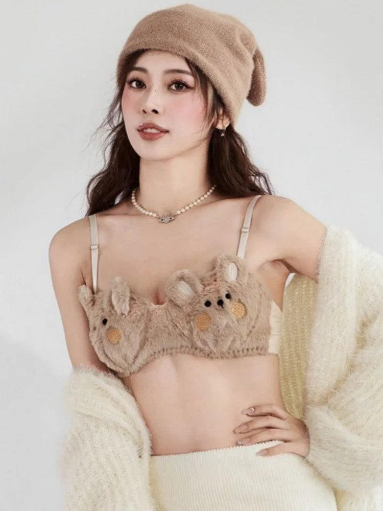 A Cute Japanese-style Plush Winter Bra with A Rabbit and A Bear, and No Underwire